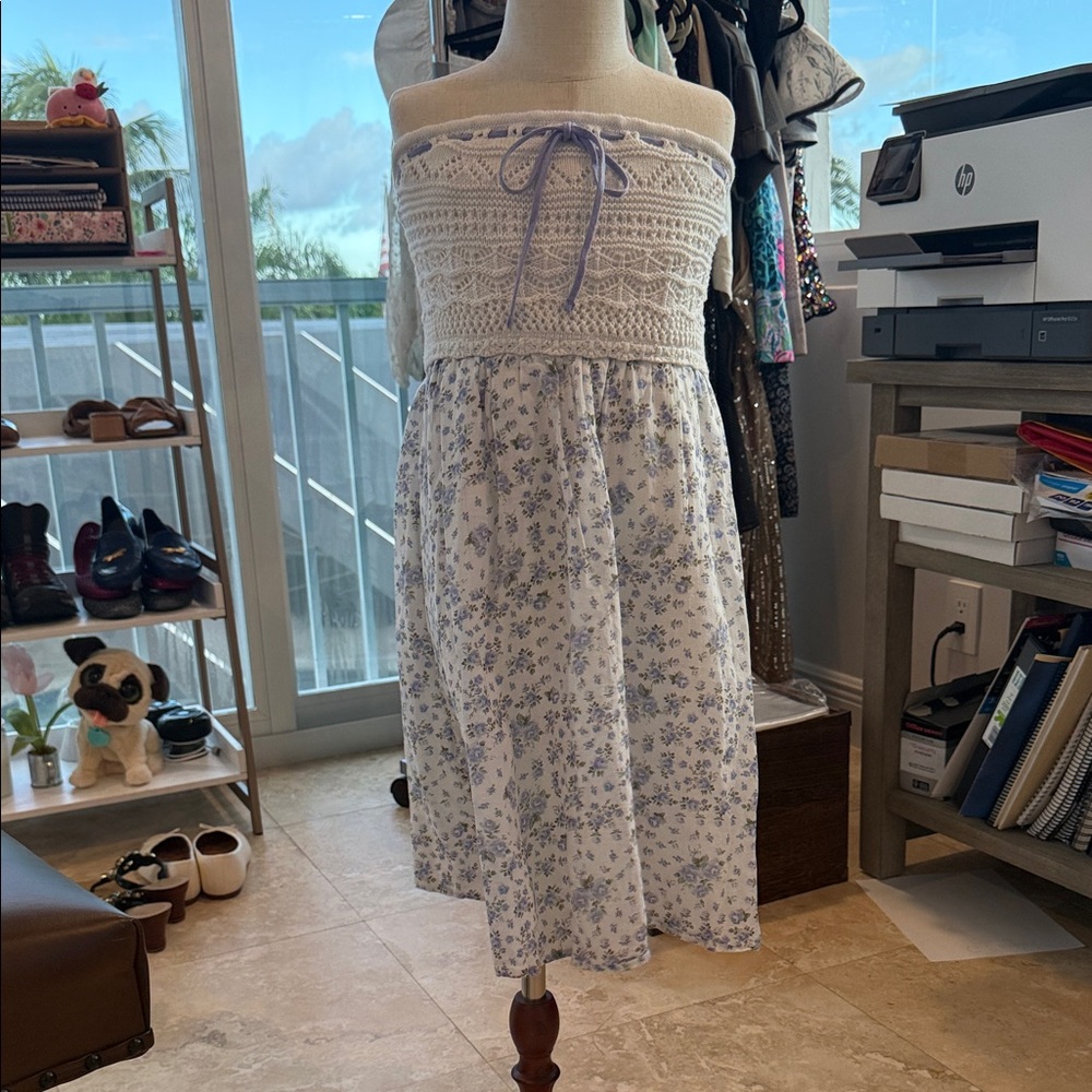 Hollister Strapless White and Blue Floral Dress